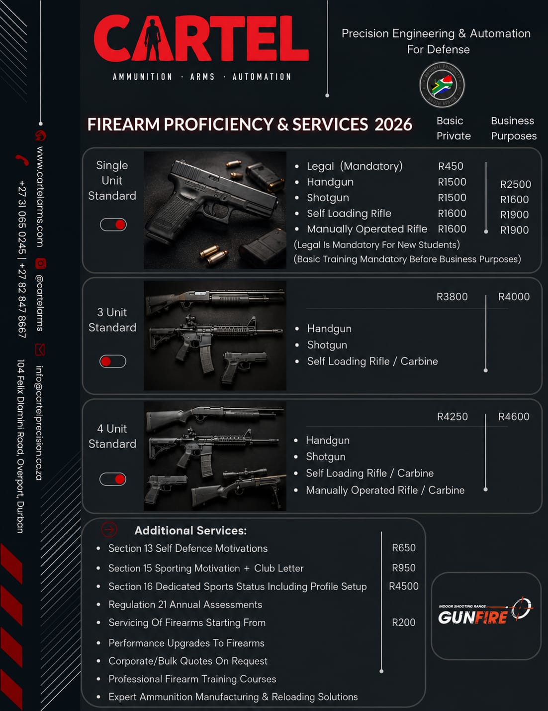 CARTEL firearm proficiency and services 2026 rate flyer - single, 3 unit and 4 unit standard packages, plus motivations, assessments, firearm servicing and ammunition manufacturing services