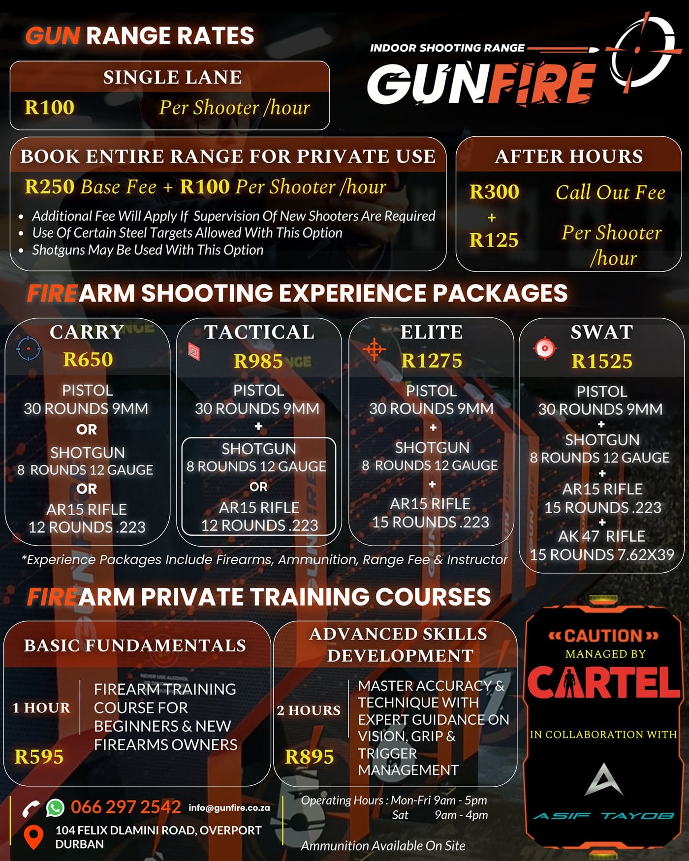 GUNFIRE indoor shooting range rate leaflet - lane hire, shooting experience packages and private training courses, managed by CARTEL
